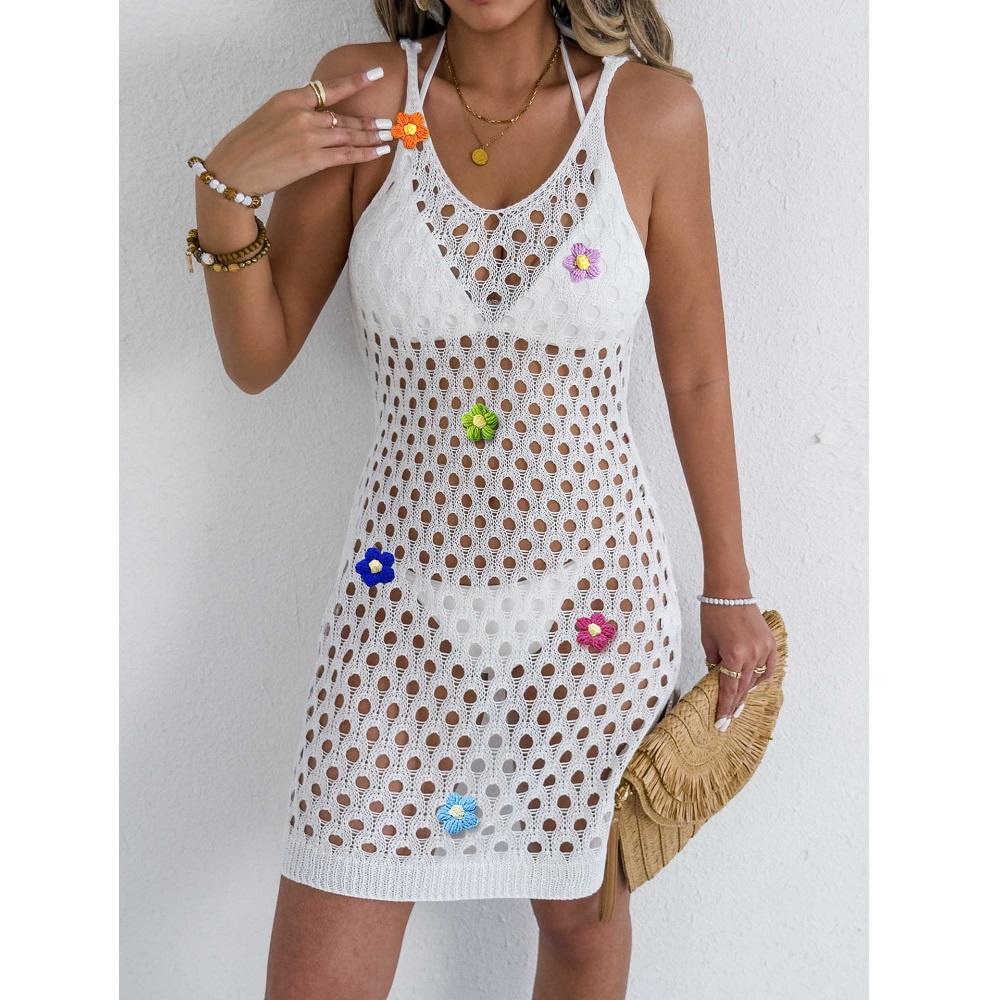 Women Summer Vest Dresses Hand Hook Flower Stiching Knitted Hollow Out Beach Bikini Cover Ups Halter Dress