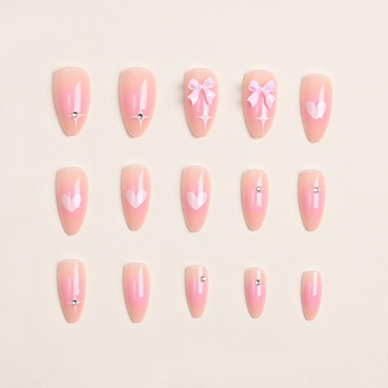 24 Stück Französischer Stil Aufdrücknagel Glänzender Acryl-Falschnagel mit 3D-Schleifendesigns Aufklebenagel für Frauen und Mädchen