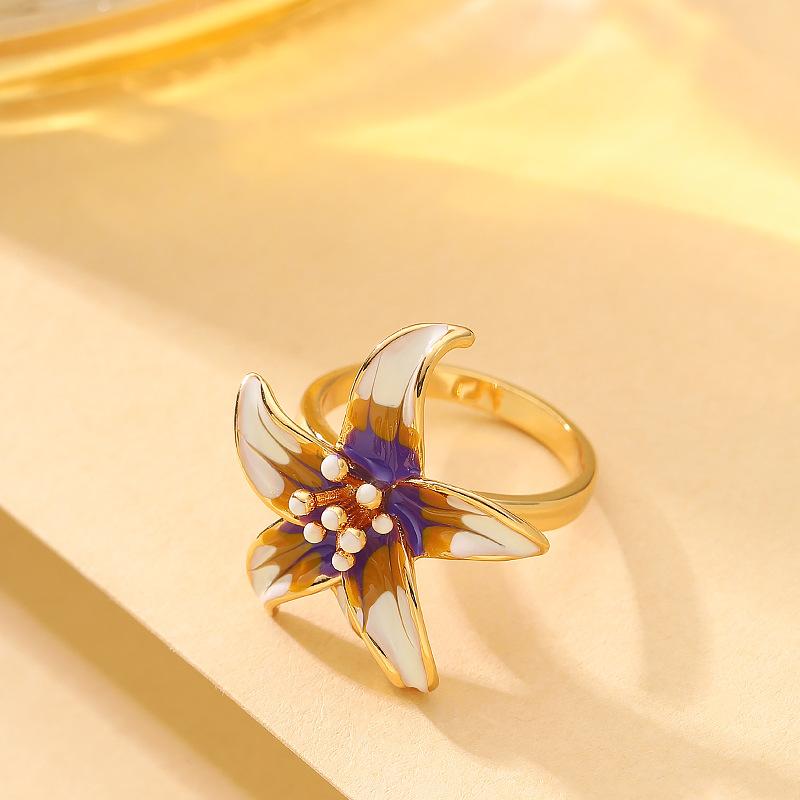 Mori Sweet Temperament Pastoral Style Oil Drop Enamel Glaze Stamen Flower Adjustable Opening Ring High-end Jewelry
