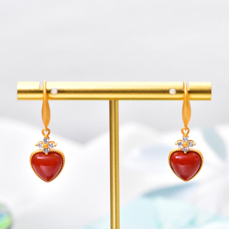 

Gold-Plated 925 Sterling Silver Heart Earrings with Natural Southern Red Agate Dangles 925 Silver Gold-Plated