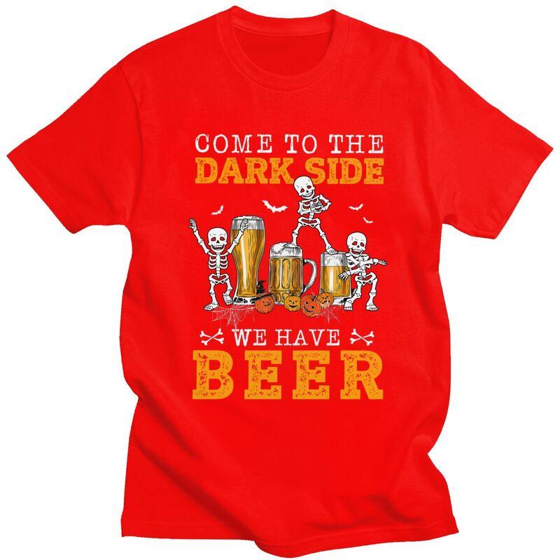 Happy Halloween Skeleton Drinking Beer T Shirts Short Sleeve Tshirt Graphic Tee Tops Pure Cotton Loose Oversized Clothing