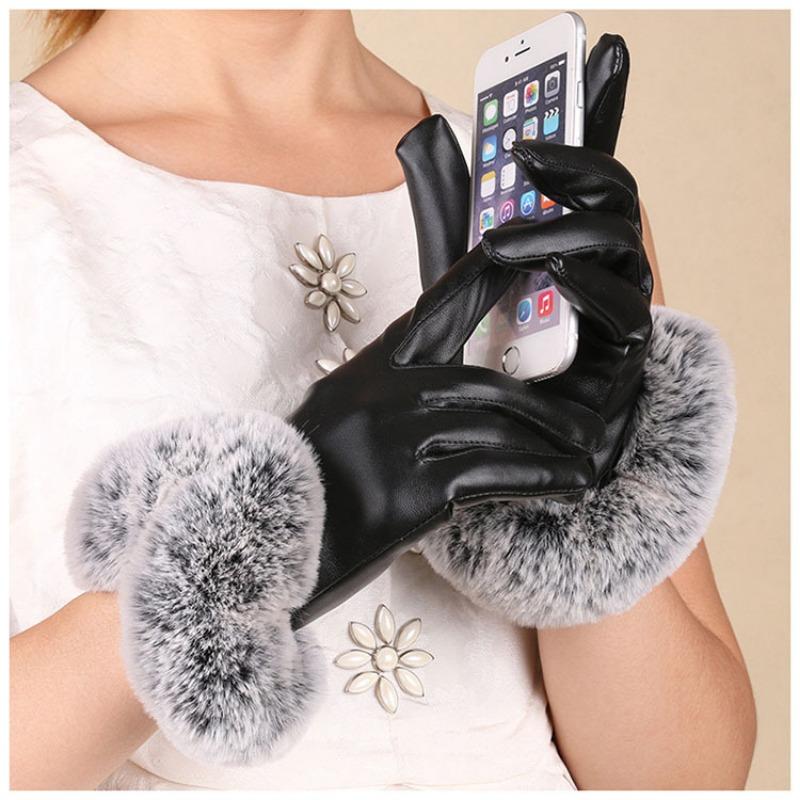 Winter women's thermal gloves leather velvet warm cold driving riding rabbit fur mouth winter touch screen leather gloves
