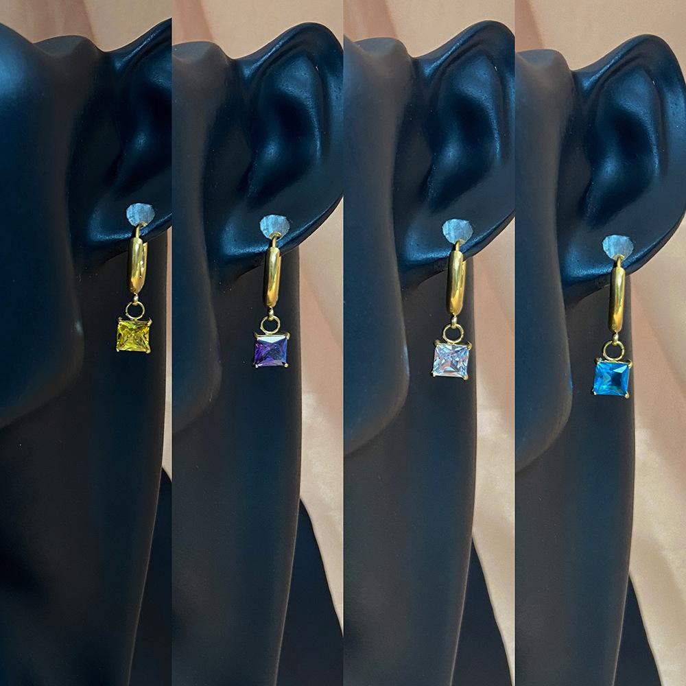 Spring and summer colorful crystal cubic zircon earrings, clear titanium steel colored gemstone earrings do not fade