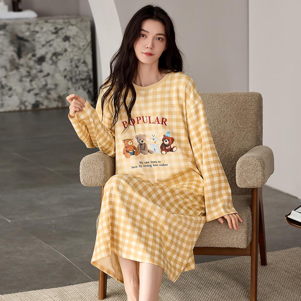 Nachthemd Damen Frühling und Herbst Reine Baumwolle Langärmelig Mittel und Lang Locker, Süß und Hochwertig Lässig Kann Draußen Getragen Werden Loungewear