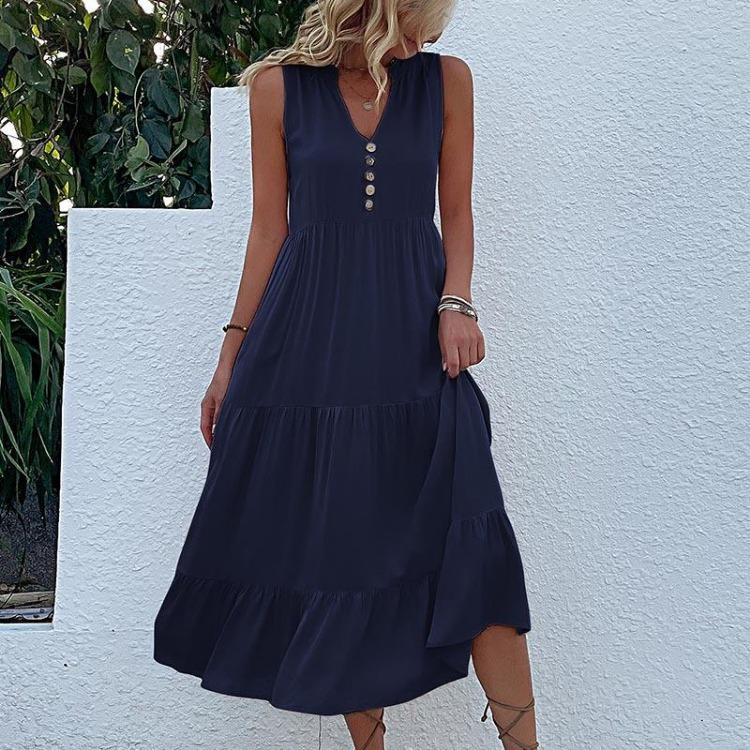 Robe d'été pour femme, coupe trapèze, longueur genou, sans manches, couleur unie, col en V