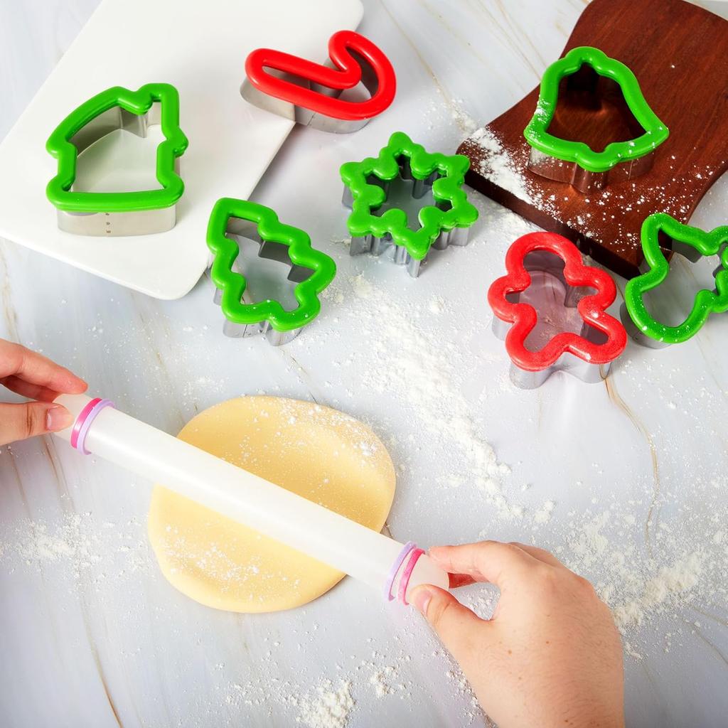 JOYFY 13 PCS Christmas Cookie Cutters in Stainless Steel with 3.5 plus Grip and a Rolling Pin for Xmas Holiday Party Baking