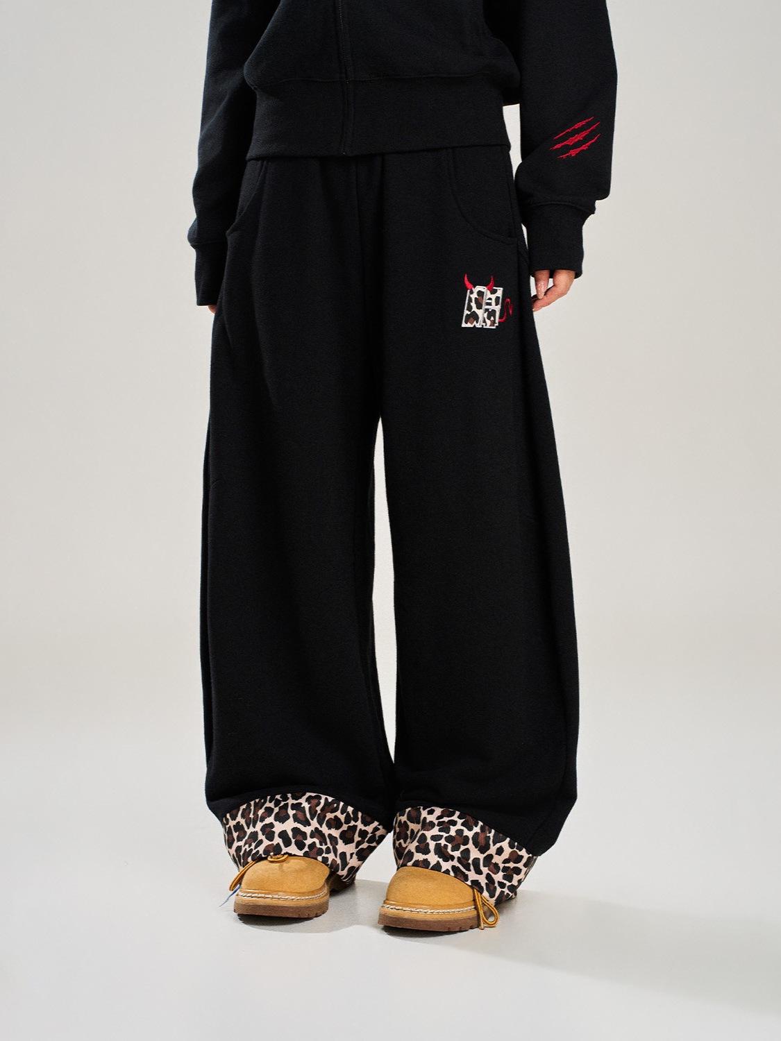 Men s Leopard Print Patchwork Sweatpants: Trendy Casual Embroidered Design for Autumn/Winter L чёрный