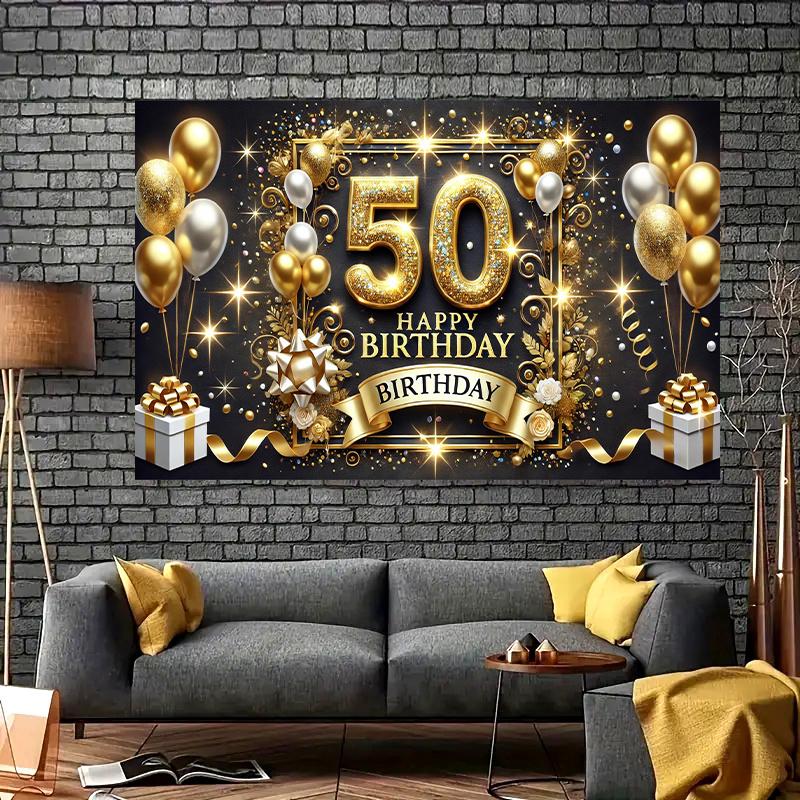 50th Birthday Party Banner Gold and Black Celebration Background with Balloons Gifts and Glitter