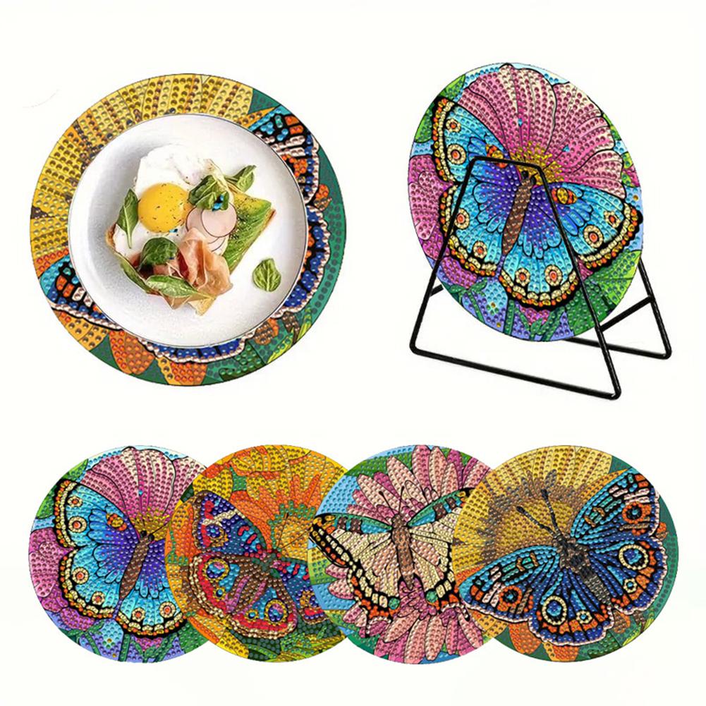 4Pcs Wooden Diamond Painting Placemats with Holder Flower Plants Phoenix Birds Diamond Crafts Round Diamond Painting Table Mats