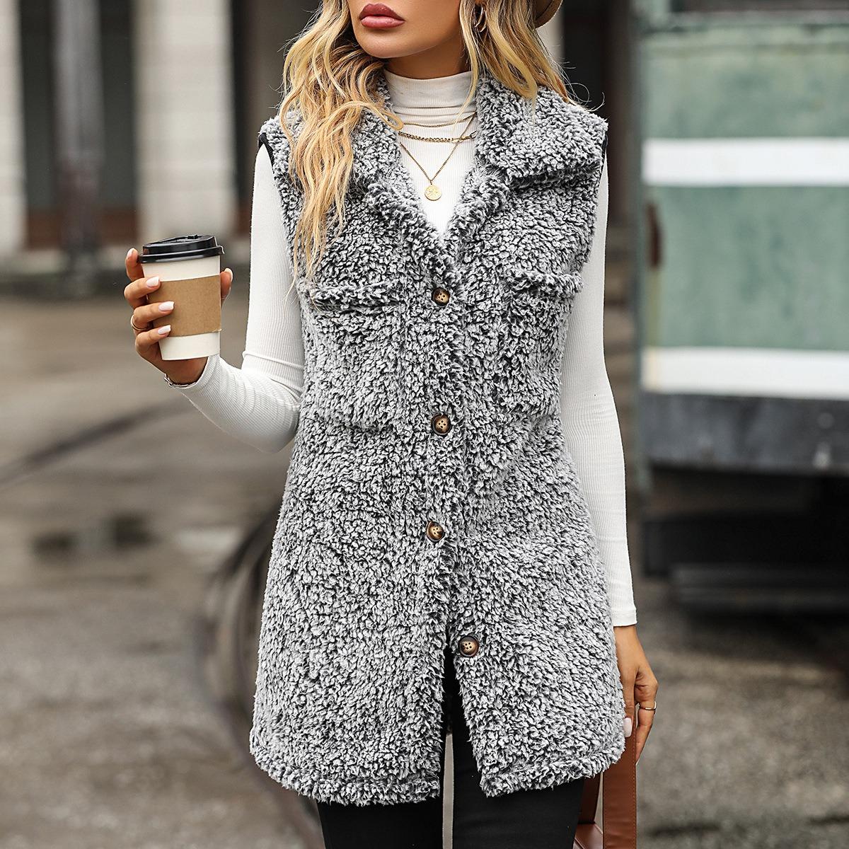 

2025 Women s Autumn Winter Fleece Cardigan Vest Loose Fit Sleeveless Lapel Casual Washed Bubble Fleece Outerwear XXXL чёрный