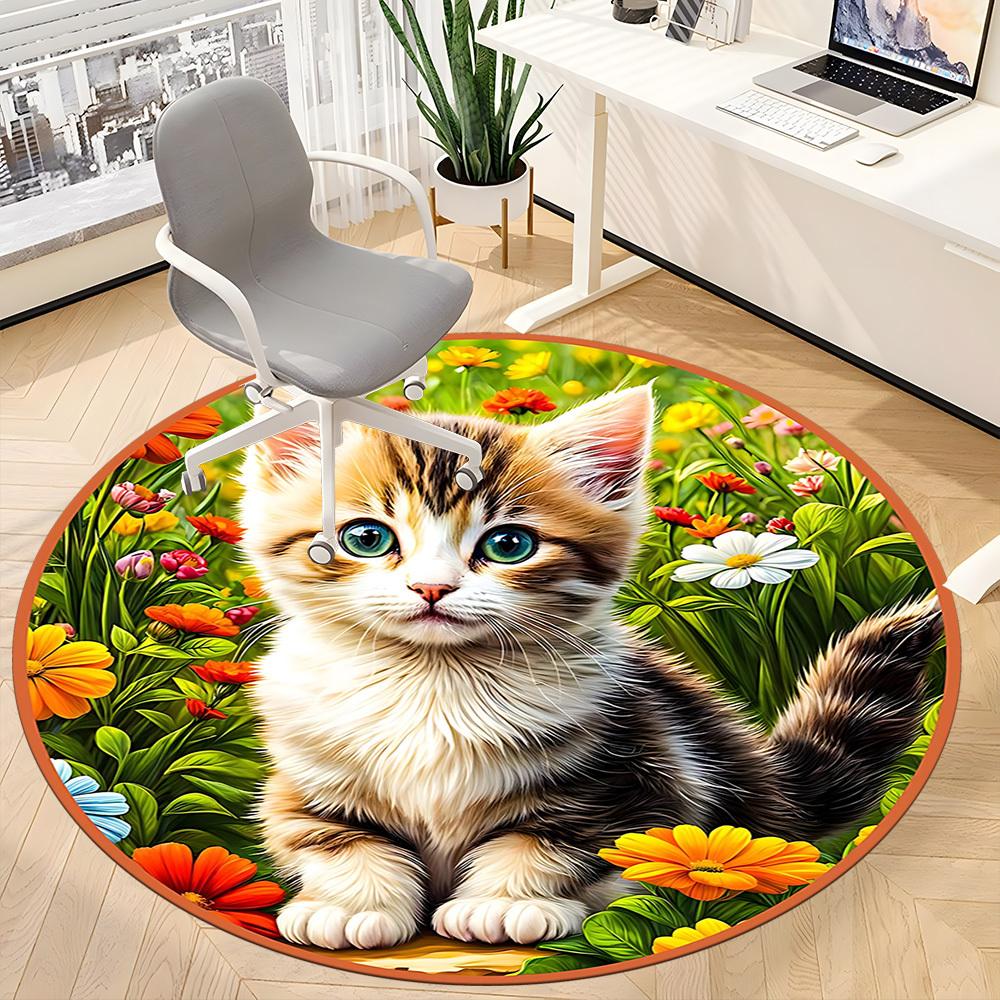1pc Cat Flowers Office Round Rug, Carpet for Office, Gaming, Lightweight Round Floor Mat Yy260205021