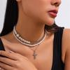 Goth Pearl Cross Necklaces for Women,Retro  Crystal Crucifix Pendant Choker Necklace,Chunky Pearl Beaded Stackable Necklaces Baptism Gifts