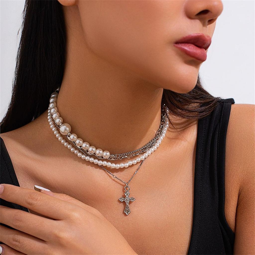 Goth Pearl Cross Necklaces for Women,Retro  Crystal Crucifix Pendant Choker Necklace,Chunky Pearl Beaded Stackable Necklaces Baptism Gifts