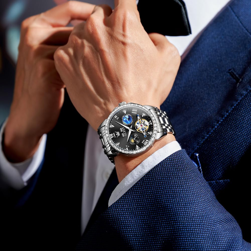 OLEVS Automatic Watch Mechanical Skeleton Diamond Popular Calendar Waterproof Date Luminous Watch for Men Stainless Steel Stylish Brand Black Men's