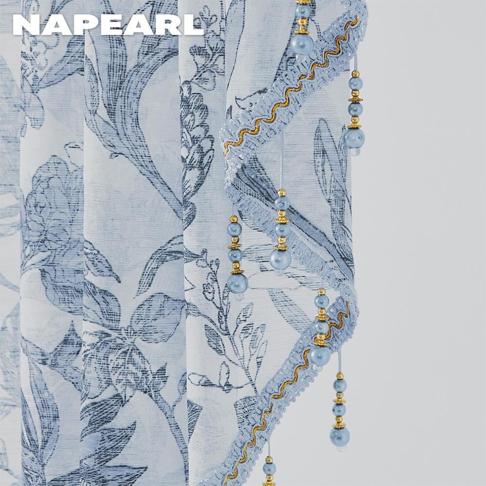 1PC NAPEARL Retro High-end Bead Lace Edging Printed Sheer Curtain Head for Kitchen Bedroom Living Room Window Decoration
