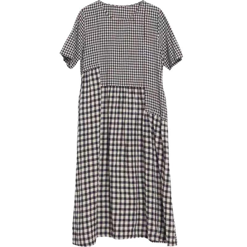 Summer New Literary Loose Splicing Cotton and Linen Plaid Round Neck Short-sleeved Dress Women's Medium and Long