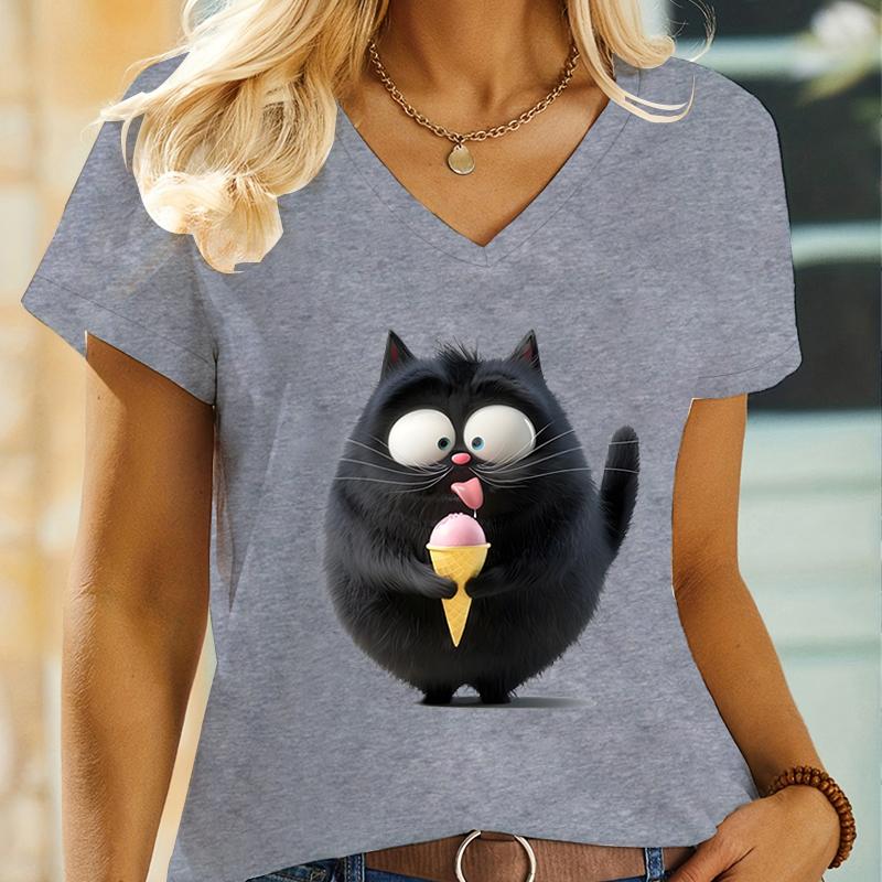 Women VNeck Tshirt Funny Comic The Black Cat Eating Ice Cream Print Fashion Y2K Tops Short Sleeve Cartoon Kitten Streetwear S