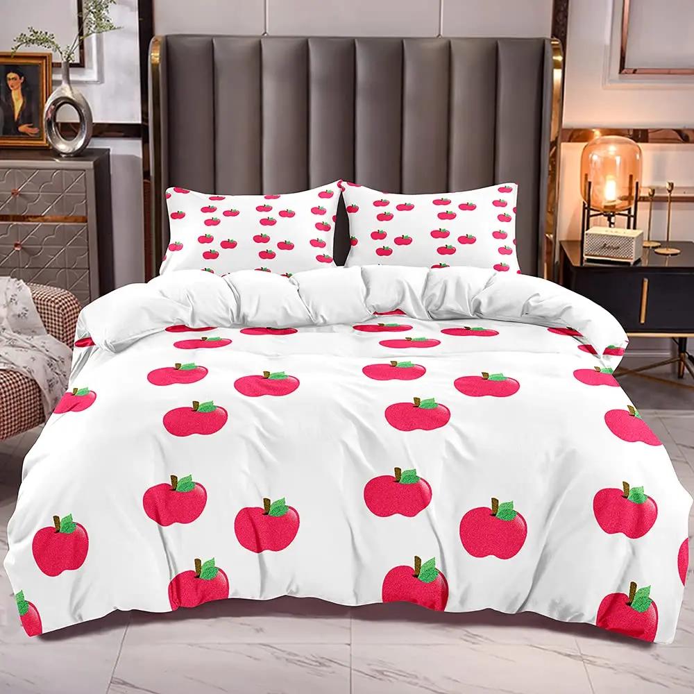 Red Apple King Queen Duvet Cover Sweet Fruit Patterned Bedding Set For Kids Pink Quilt Cover Plant Polyester Comforter Cover