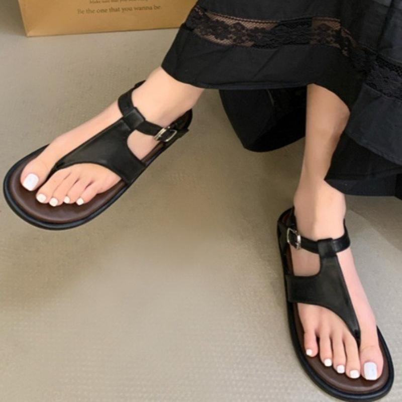 Fashion Round Toe Narrow Band Flat Sandals Women Clip Toe Hollow Buckle Flip-flops Summer Fashion Comfort Non-slip Vacation Beach Shoes