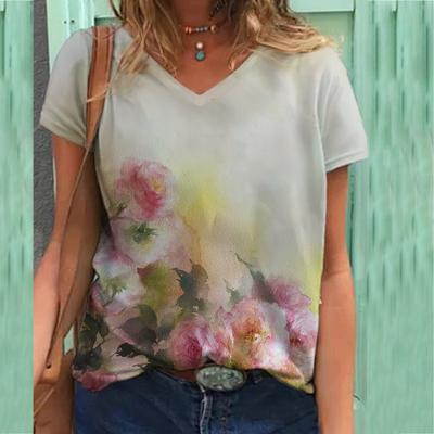 Printed T-shirt V-neck Printed Women's Short Sleeved T-shirt Top
