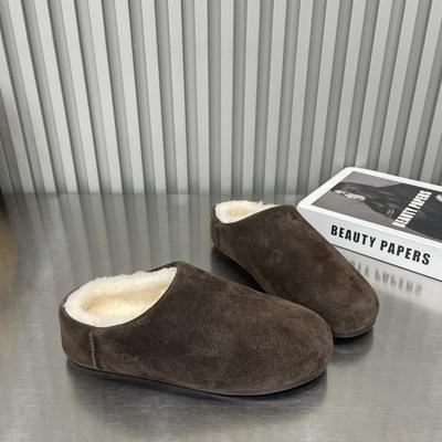 Cowhide Version of Minimalist Round Head Lazy Thick Bottom Hairy Half Drag Women Warm Casual Versatile One Pedal Bag Head Hairy Shoes