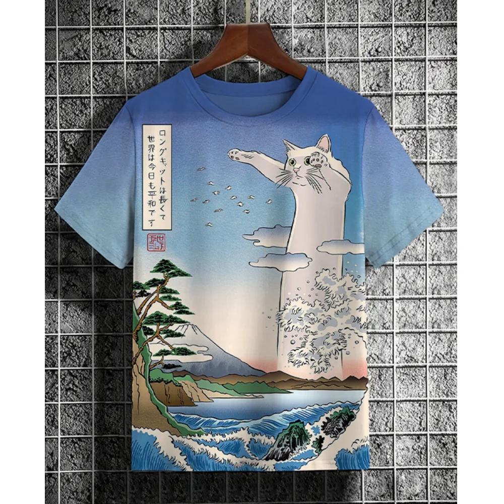 Erkek Tişörtü Japon Tarzı Samuray Kedi Grafik 3D Baskılı Tişört Rahat Kısa Kollu Tişört Açık Hava Büyük Boy Erkek Giyim Üstleri