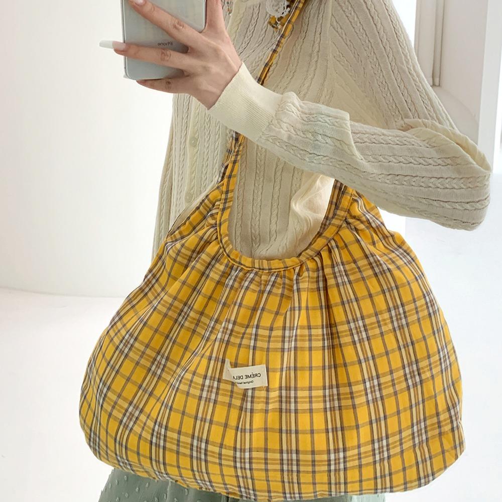 

Lightweight Plaid Crossbody Bag Prined Canvas Dumpling Bag Pleated Shoulder Bag Spring Summer