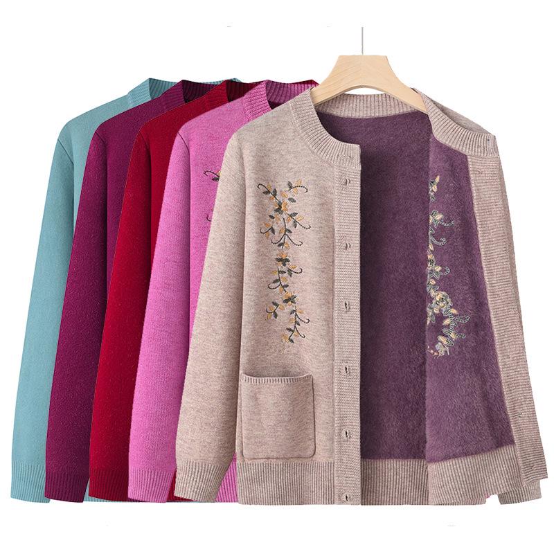 Dámský plusový sametový zesílený kardigan - Jarní a podzimní pletený svetr pro středního věku a starší