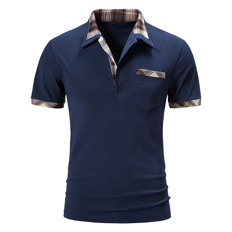 Summer Men's Casual Loose Short Sleeve T-shirt Men's Plaid Color Matching Lapel Polo Shirt