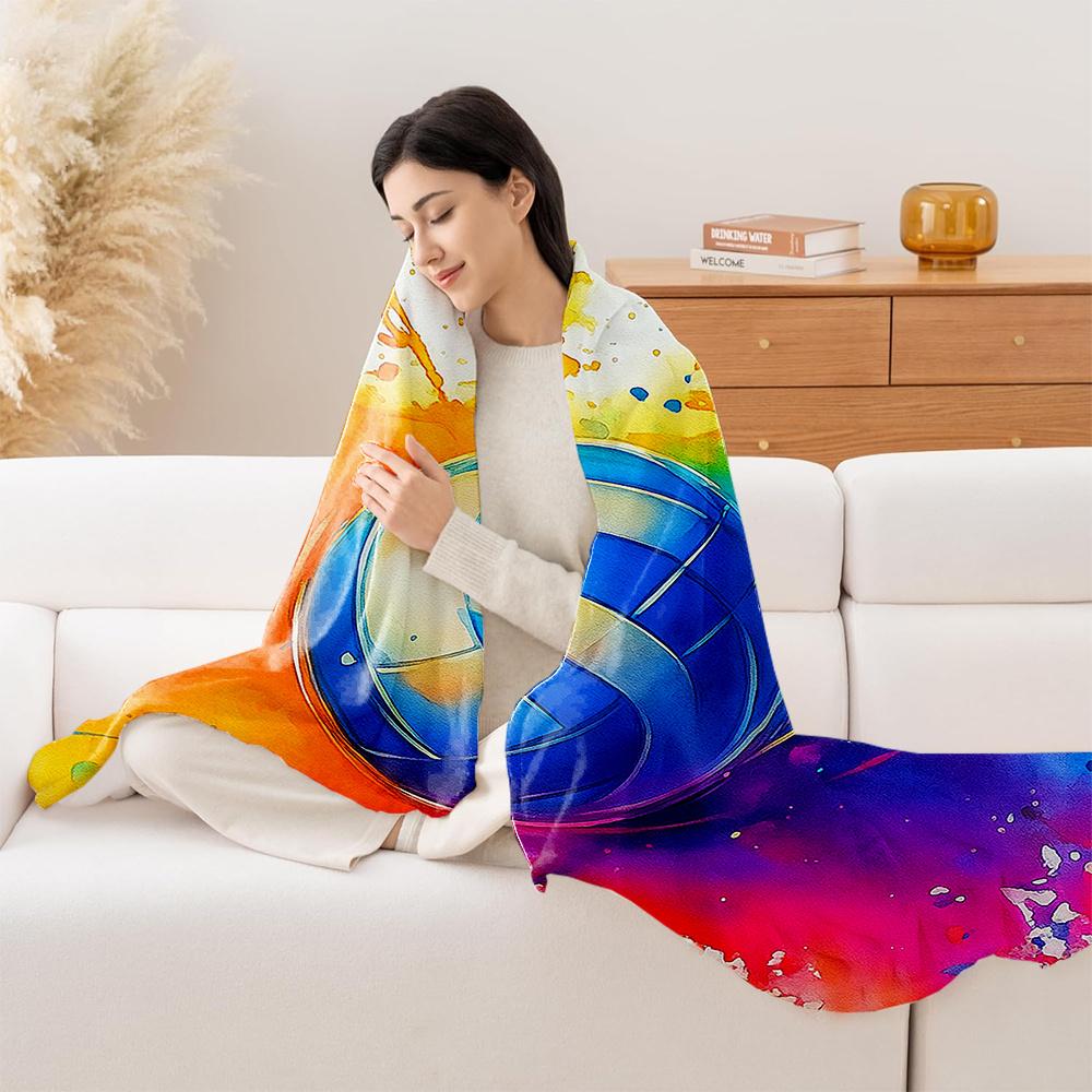1pc Volleyball Print Fleece Blanket - Plush High-GSM All-Season Soft Bedspread with Turquoise Yellow Pink Blue Watercolor Volley