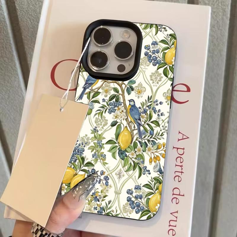 Husă de telefon cu imprimeu proaspăt de lămâi, păsări și flori pentru seria iPhone 17 16 15 14 13 12 11 Pro Max Plus Protecție cu strat dublu