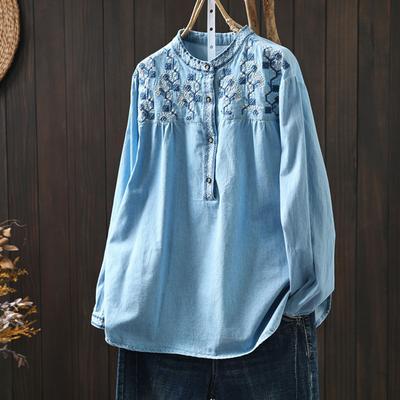 Elegant Blouses for Women Ethnic Long Sleeve Embroidery Denim Shirts and Blouses Jean Shirts Y2K Vintage Top