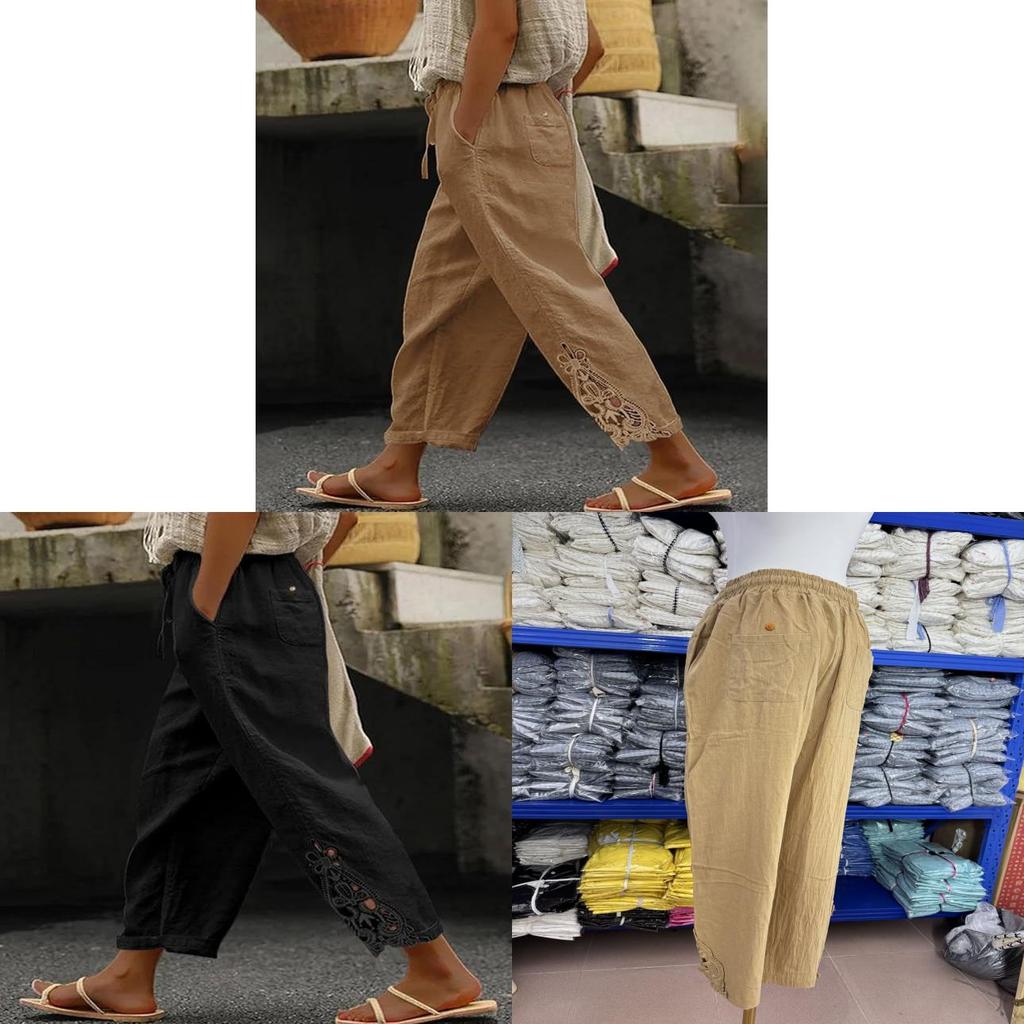 Casual Cotton Pants With Lace Patchwork And High Waist For Womens Fall Fashion