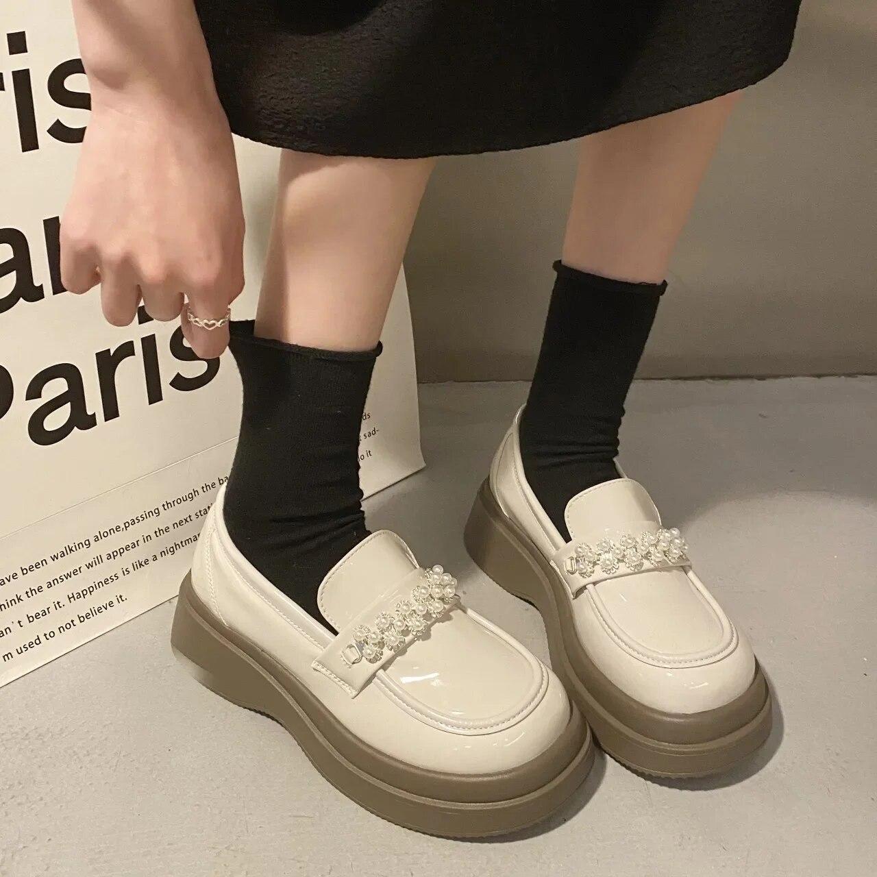 

Модные туфли-лодочки, женские туфли-оксфорды без шнуровки на танкетке с круглым носком для женщин, однотонные туфли на платформе с бусинами, большие размеры 35