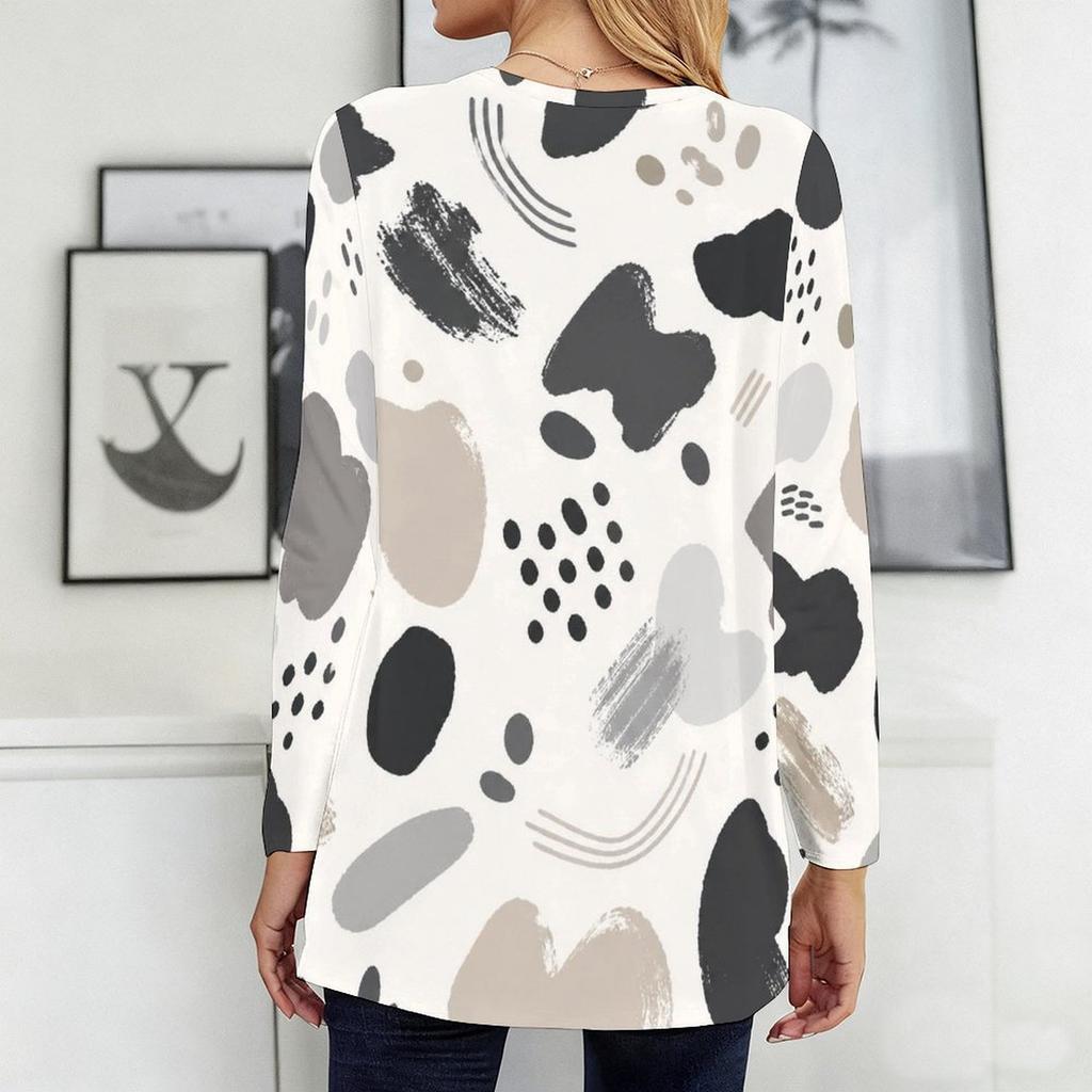 Women Plus Size Round Neck Long Sleeve Abstract Printed Loose Longline T Shirt With Pockets
