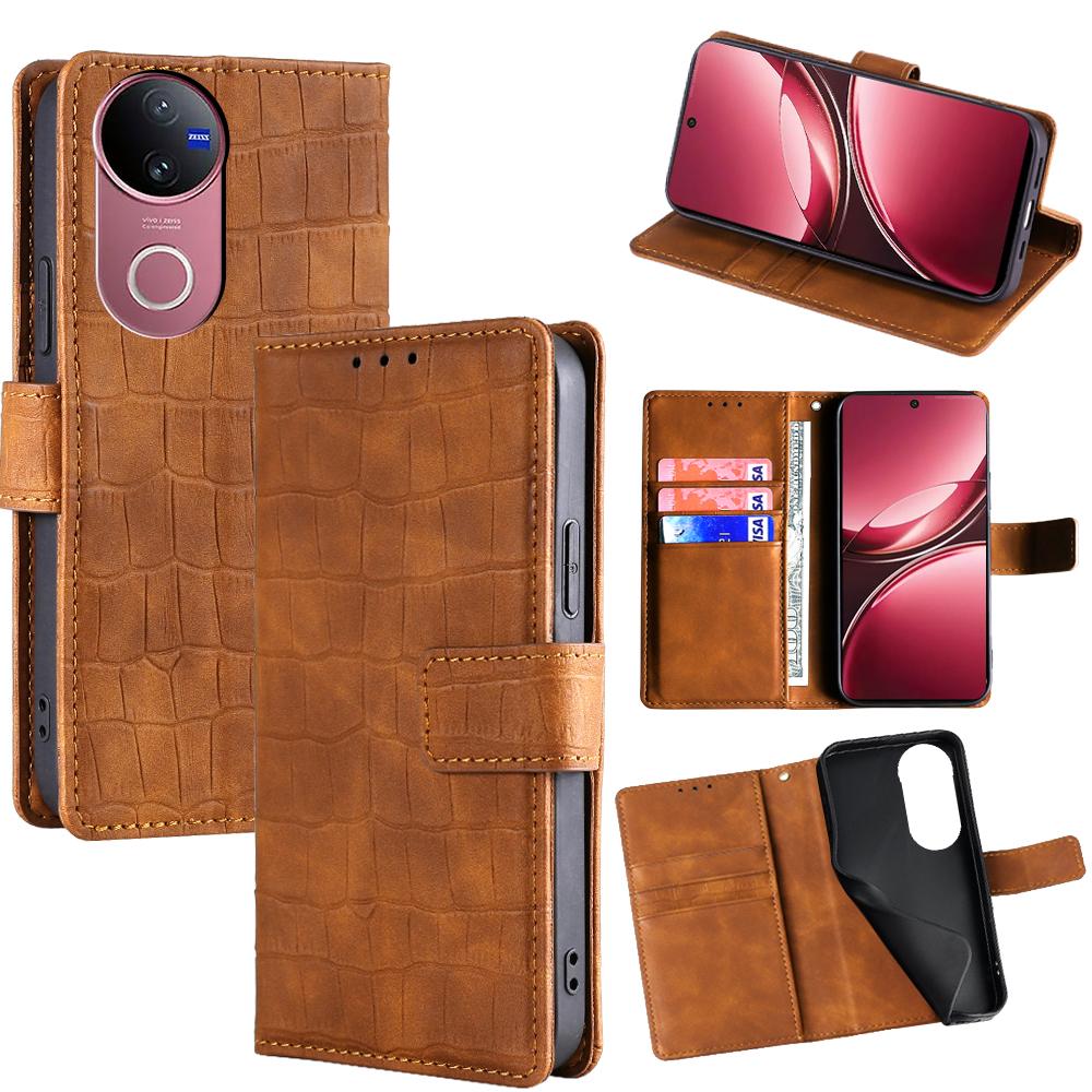 

For vivo V50 5G Case Crocodile Texture PU Leather Phone Cover Brown