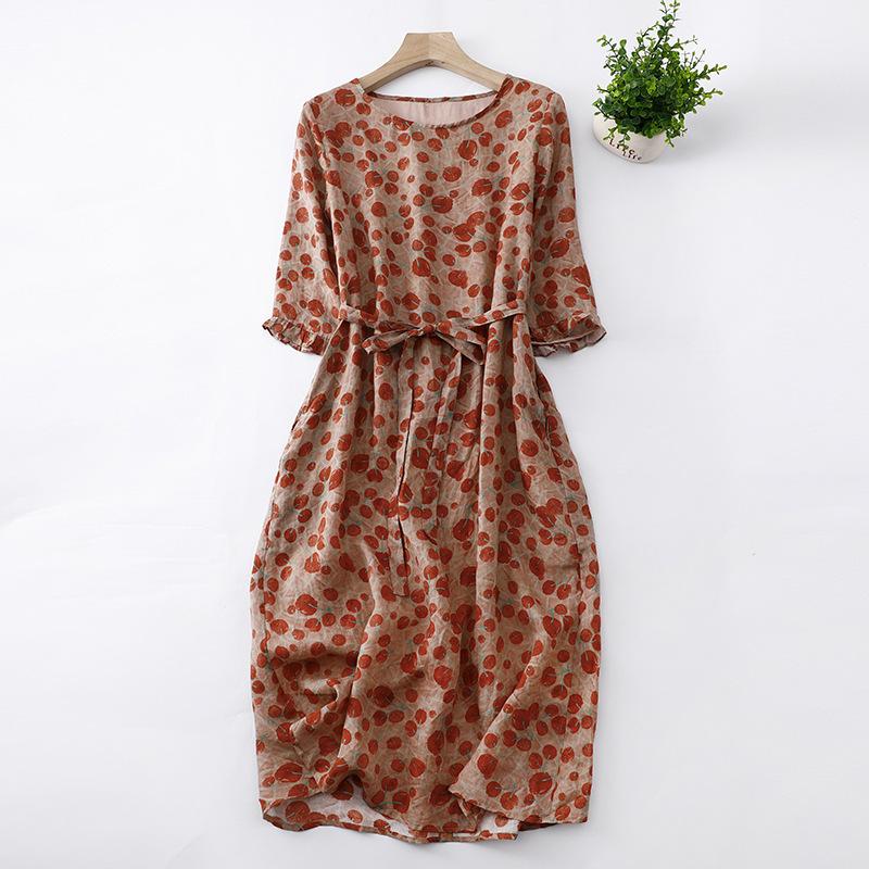 

Платье женское из хлопка и льна с принтом, рукавом три четверти, круглым вырезом, лето 2025, новое, свободное и тонкое, со шнуровкой на талии, средней длины M розовый