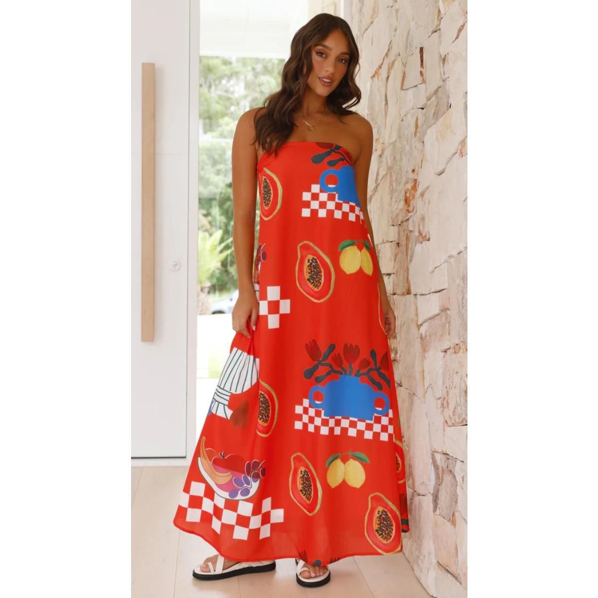 Women s Sexy Strapless Printed Maxi Long Dress Fashion Vacation Swing Dress for Beach Holiday S