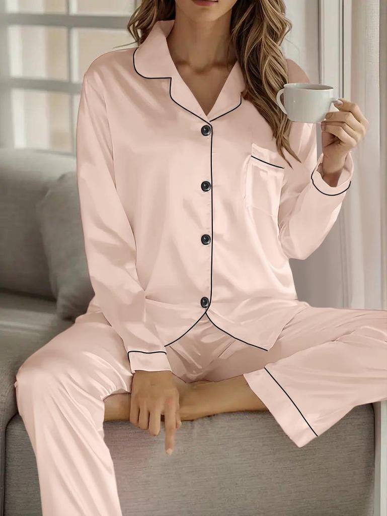 Women’s Satin Pajama Set - Solid Color, Long Sleeve Cardigan with Lapel, Long Pants, Versatile Home Wear for Autumn and Winter.
