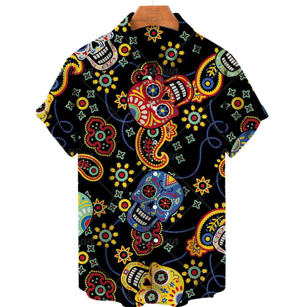 Kurzarm Hawaiihemd 1D-Druck Rosen- und Totenkopfmuster bequemes trendiges Oberteil