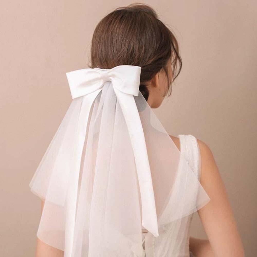 Șal Articol de Acoperit Cap Alb Mireasă Romantic Articol de Acoperit Cap de Mireasă Voal Frumos cu Fundă Lungă din Satin Biserică