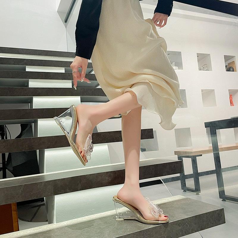 2024 Summer Fashion High-heeled Slippers Female Transparent Belt Bow Slope Heels Wear Fairy Wind Cool Slippers