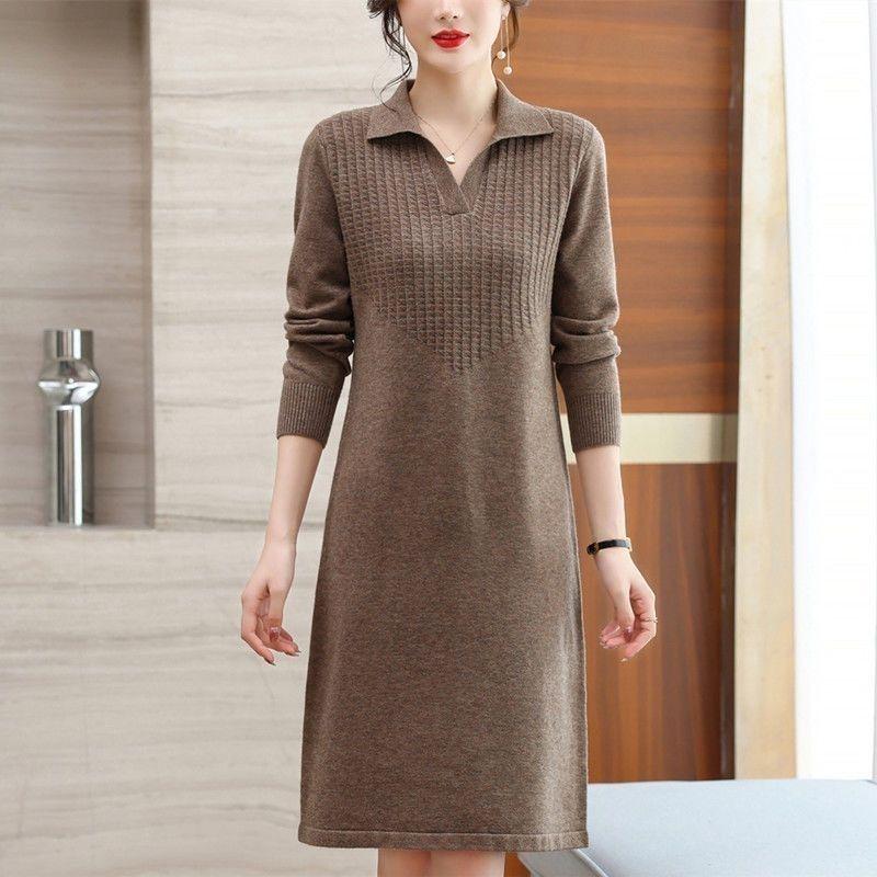 Solid Color Mid-length Knitted Dress for Women Casual Knitted Knitted Sweater Dress for Autumn and Winter Pullover