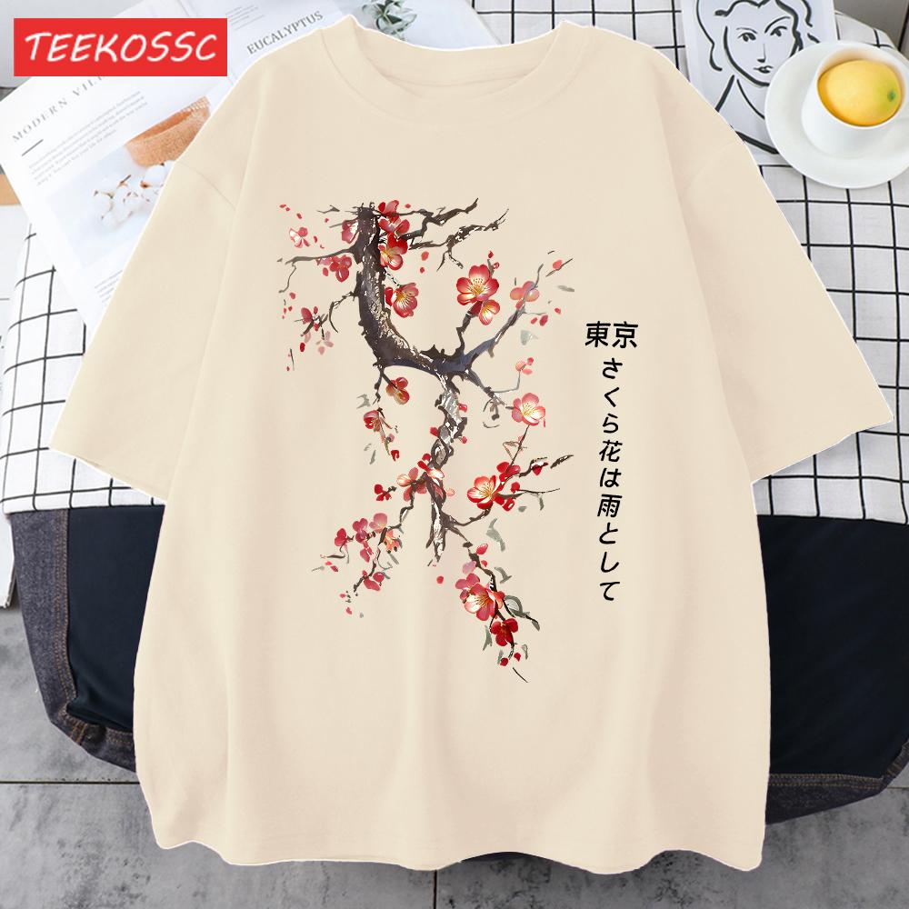 Cherry Blossoms And Rain In Tokyo Men Retro TShirt Casual Cotton Tee Loose Hip Hop Clothes Male ONeck Comfortable Short Sleeve