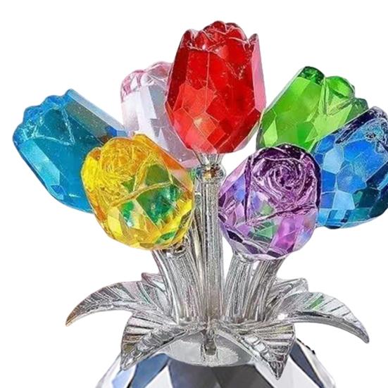 Faux Crystal Rose Flower Ornament Handmade Bouquet Figurine Mini Flower Vase Decoration Wife Girlfriend Women Wedding Anniversary Birthday Gift