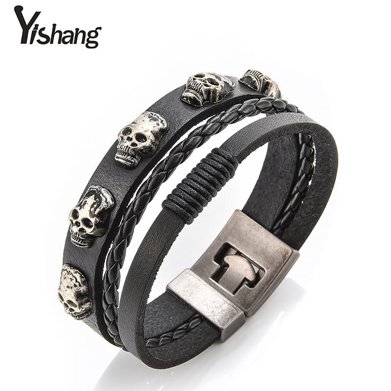 Accessories New Button Leather Jewelry Retro Stainless Steel Skull Braided Cowhide Bracelet Men