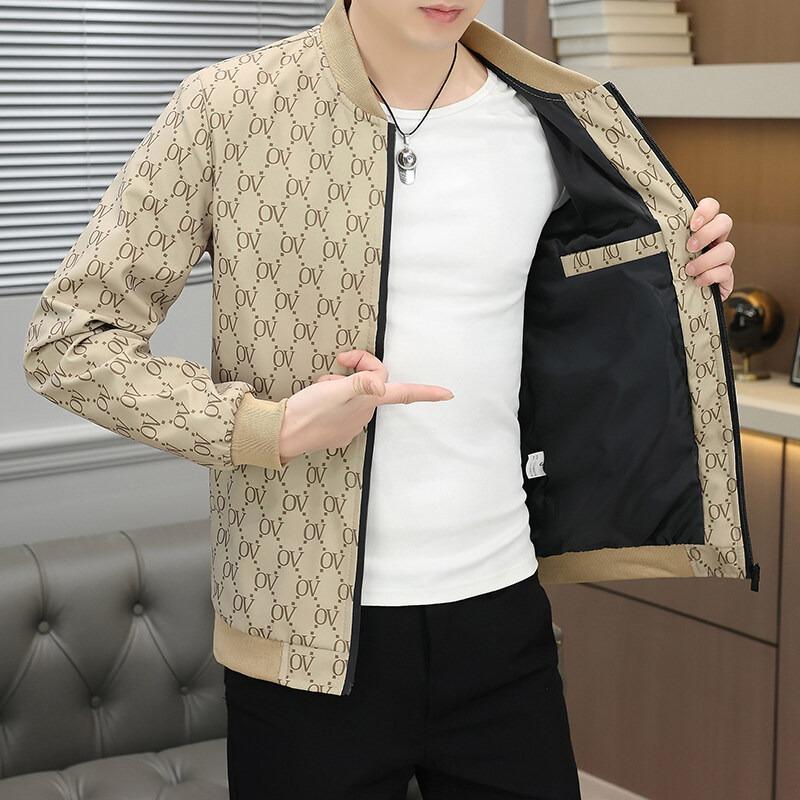 Men Stand Collar Long Sleeve Printed Slim Fit Casual Thin Jacket