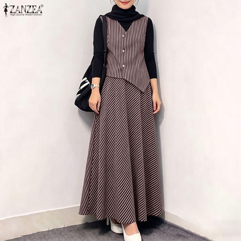 ZANZEA Women Splice Long Sleeve Blouse and Long Skirts Stripe Prin Two Piece Sets