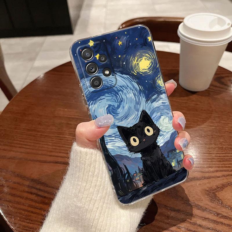 Retro Oil Painting Starry Sky Cat Clear Phone Case For Samsung Galaxy A56 A57 A37 A55 A54 A36 A35 A26 A25 A16 A17 A07 A52 Cover