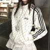Womens Stand Collar Zip-Up Sweatshirt With Stripe Dot Embroidery Loose Fit Casual Long Sleeve Hoodless Top